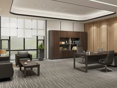 Modern Office Interior Design With Large Windows Blinds Wooden Walls Desk And Sofa 3d model