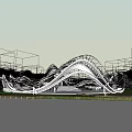 Modern Wavy White Landscape Sculpture with Waterfront Trees Sky and Flying Birds Reflection