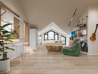 Loft Style Living Dining Room With Wooden Flooring Green Armchair Bar Stools And Plants 3d model