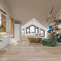 Loft Style Living Dining Room With Wooden Flooring Green Armchair Bar Stools And Plants