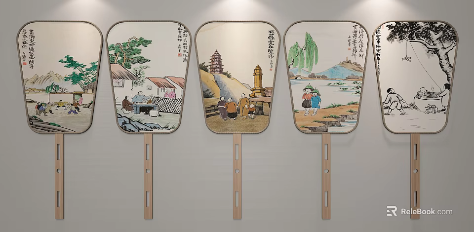 Traditional Chinese Fan Wall Hanging With Landscape Painting And Wooden Handle Decorative Home Decor 3d model 