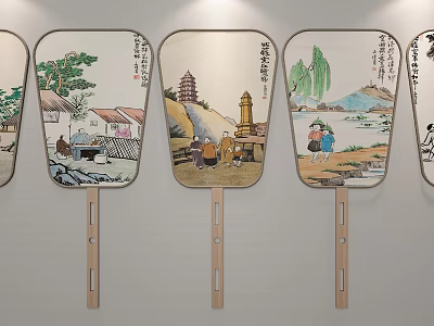 Traditional Chinese Fan Wall Hanging With Landscape Painting And Wooden Handle Decorative Home Decor 3d model