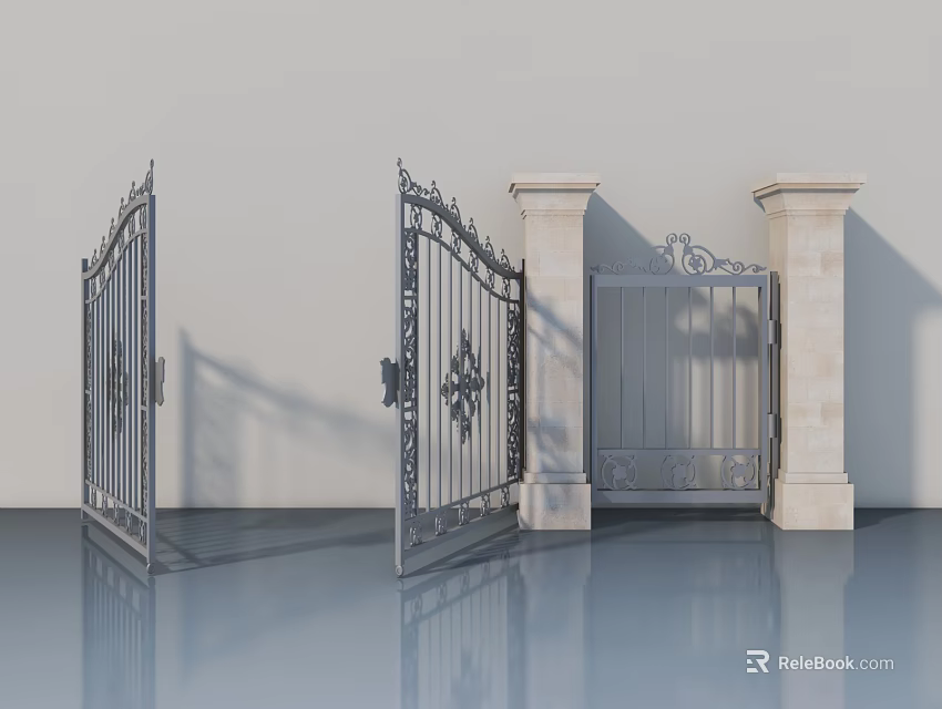 Classic Ornate Iron Hinged Gates With Decorative Patterns And Stone Pillars 3d model 