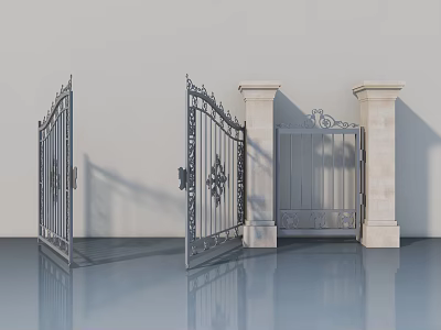 Classic Ornate Iron Hinged Gates With Decorative Patterns And Stone Pillars 3d model