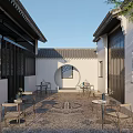 Traditional Chinese Garden Courtyard With White Walls Black Grilles Bamboo And Stone Table