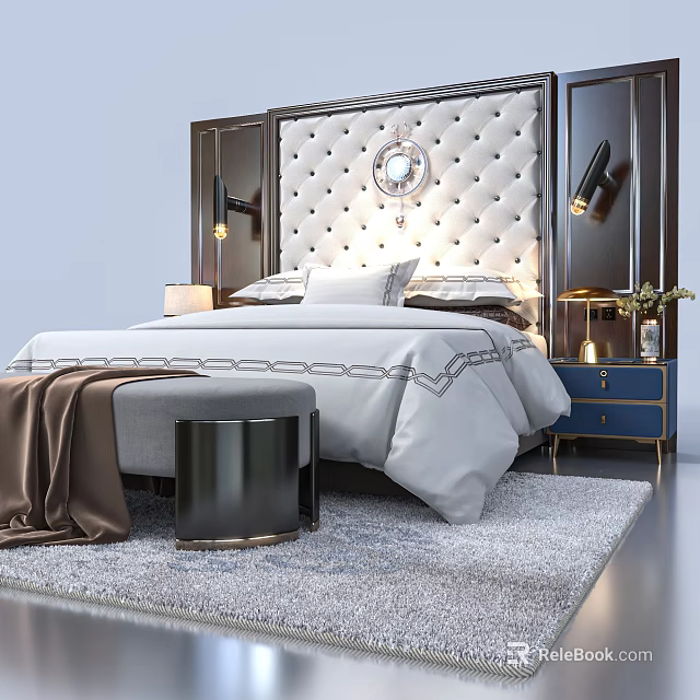 Background Double Bed with Tufted Headboard Round Mirror Blue Nightstand Table Lamp and Gray Rug 3d model 