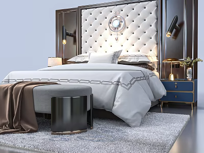 Background Double Bed with Tufted Headboard Round Mirror Blue Nightstand Table Lamp and Gray Rug 3d model