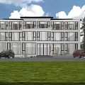 Modern Guesthouse Building With White Exterior Large Glass Windows Green Lawn And Mountain View