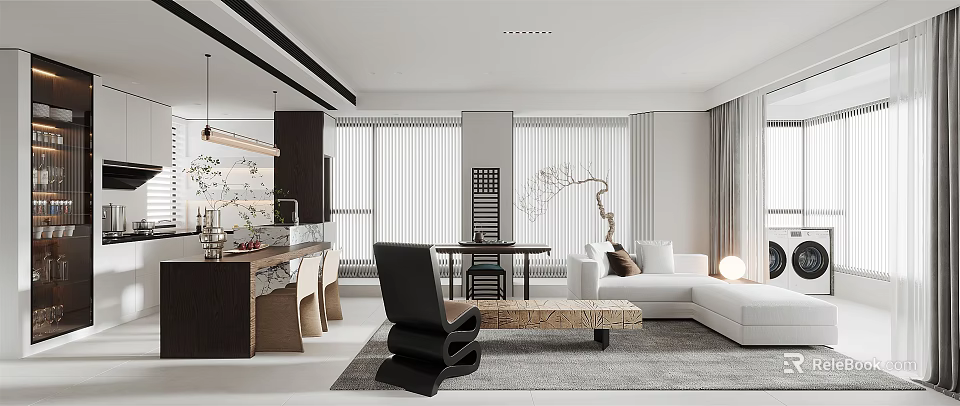 Modern Living And Dining Room Interior With White Sofa Dining Table And Marble Coffee Table 3d model