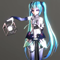 Anime Game Character With Turquoise Long Hair Twin Ponytails White Black Outfit Holding Lantern