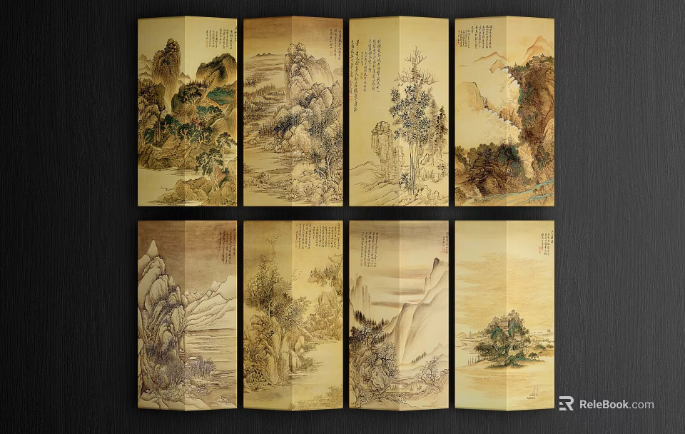 Traditional Chinese Landscape Paintings On Folding Screen With Mountains Trees And Calligraphy Inscriptions 3d model 