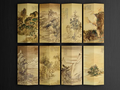 Traditional Chinese Landscape Paintings On Folding Screen With Mountains Trees And Calligraphy Inscriptions 3d model
