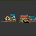 Charming Cartoon Village Scene with Colorful Roofs Small Houses Green Grass Dirt Path and Wooden Fences