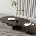 Modern Dark Wood Coffee Table With Elegant Design Green Plant Vase And Books