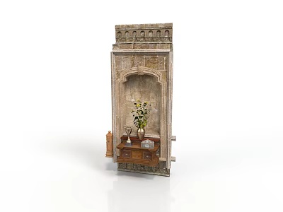 Ornate Wall Mounted Furniture With Carved Design Wooden Cabinet Base Vase Holding Fresh Flowers 3d model