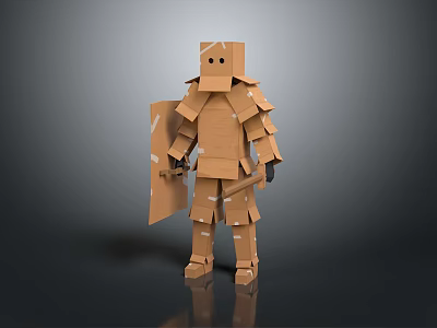 Cardboard Warrior Character Design for Game Movie with Armor and Shield 3d model