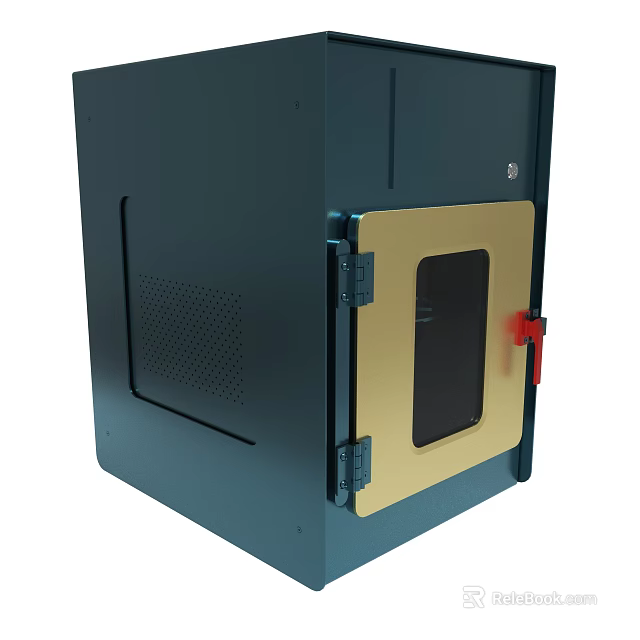 Industrial Blue Equipment Cabinet With Yellow Door Small Window Red Handle And Metal Latch 3d model 