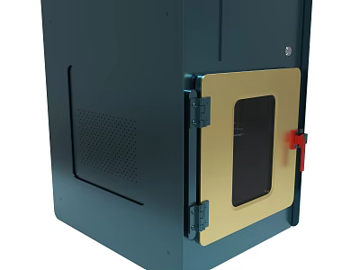 Industrial Blue Equipment Cabinet With Yellow Door Small Window Red Handle And Metal Latch 3d model