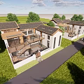 Traditional Modern Guesthouse Building With White Walls Sloped Roof And Green Lawn