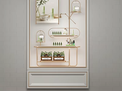 Stylish Window Display With Gold Frame Tiered Shelves Green Plants Small Bottles And Mirror 3d model