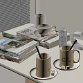 Stacked Modern Magazines With Coffee Mugs Saucers And Geometric Decor By Window Blinds