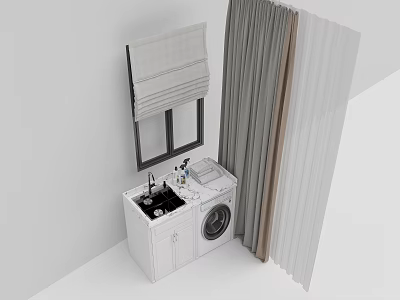 White Bathroom Cabinet with Sink and Washing Machine Near Window with Roller Blind and Curtain 3d model