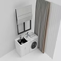White Bathroom Cabinet with Sink and Washing Machine Near Window with Roller Blind and Curtain