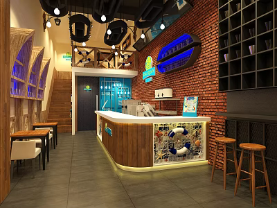 Restaurant Interior With Brick Wall Wooden Counter Stools And Nautical Decor 3d model