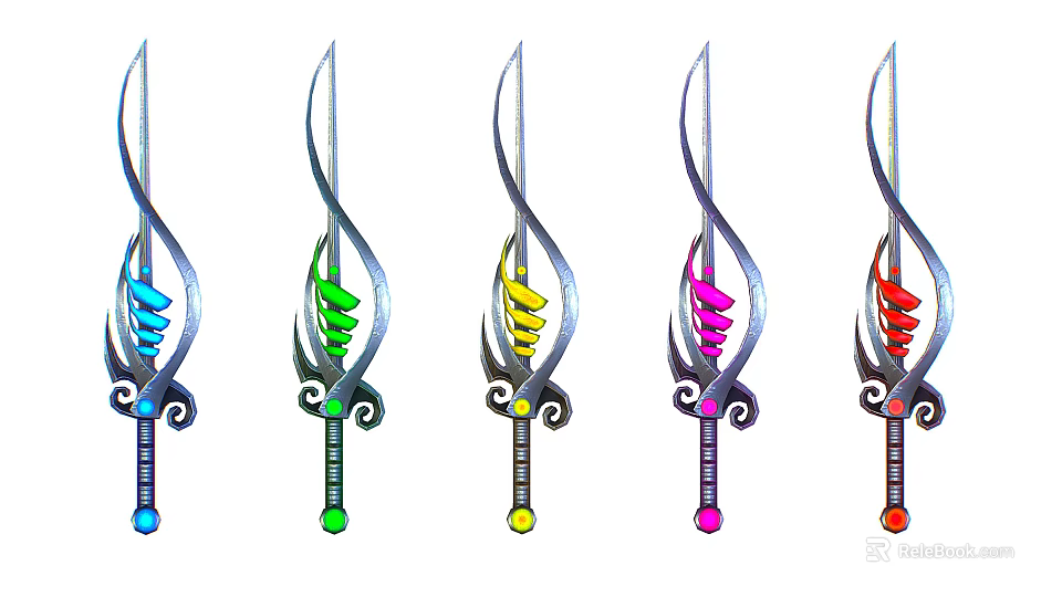 Colorful Fantasy Weapons With Curved Blades Spiral Designs And Gemstone Handles 3d model 