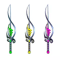 Colorful Fantasy Weapons With Curved Blades Spiral Designs And Gemstone Handles
