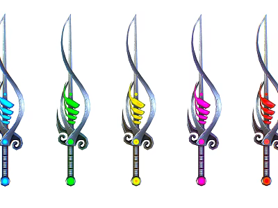Colorful Fantasy Weapons With Curved Blades Spiral Designs And Gemstone Handles 3d model
