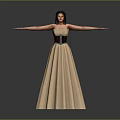 Elegant Woman Standing In Beige Long Dress With Arms Outstretched On Reflective Grey Floor