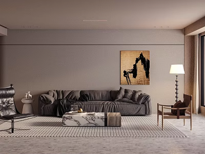 Modern Living Room Interior With Grey Sofa Artwork Coffee Table And Floor Lamp 3d model