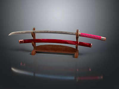 Japanese Katana Sword On Wooden Display Stand With Red Handle And Metal Blade 3d model