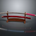 Japanese Katana Sword On Wooden Display Stand With Red Handle And Metal Blade