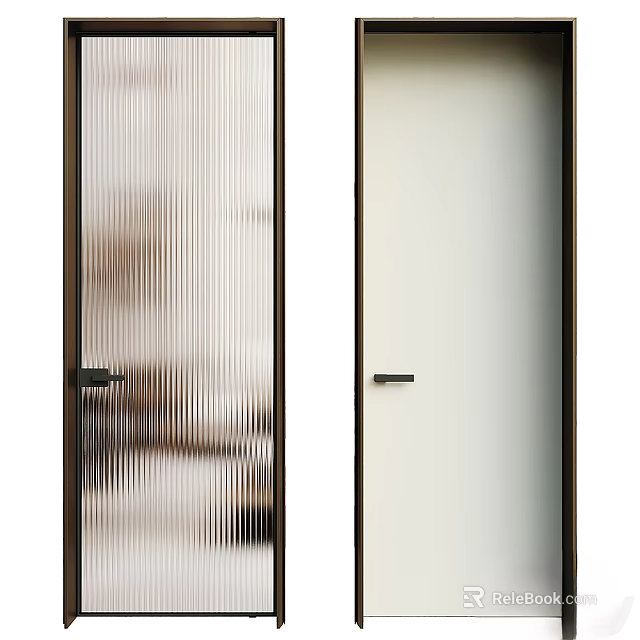 Modern Swing Door Design With Striped Glass Panel And White Solid Panel Dark Frame 3d model