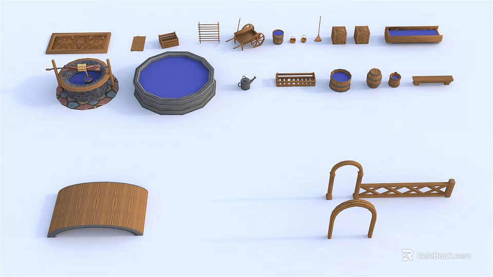 Decorative Ornament Set With Wooden Circular Pool Arch And Barrel Shaped Home Decor Pieces 3d model 