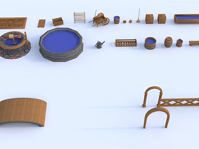 Decorative Ornament Set With Wooden Circular Pool Arch And Barrel Shaped Home Decor Pieces 3d model