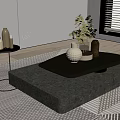Modern Stone Coffee Table With Vases Green Plants On Patterned Rug In Living Room Interior