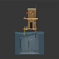 Cartoon Scene of Stilted Wooden Hut on Water Platform with Lifesaver Flag and Small Window