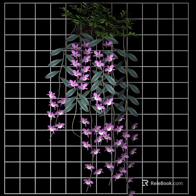 Lush Hanging Vines With Purple Flowers And Green Leaves On Black Grid Wall 3d model 