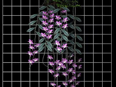 Lush Hanging Vines With Purple Flowers And Green Leaves On Black Grid Wall 3d model
