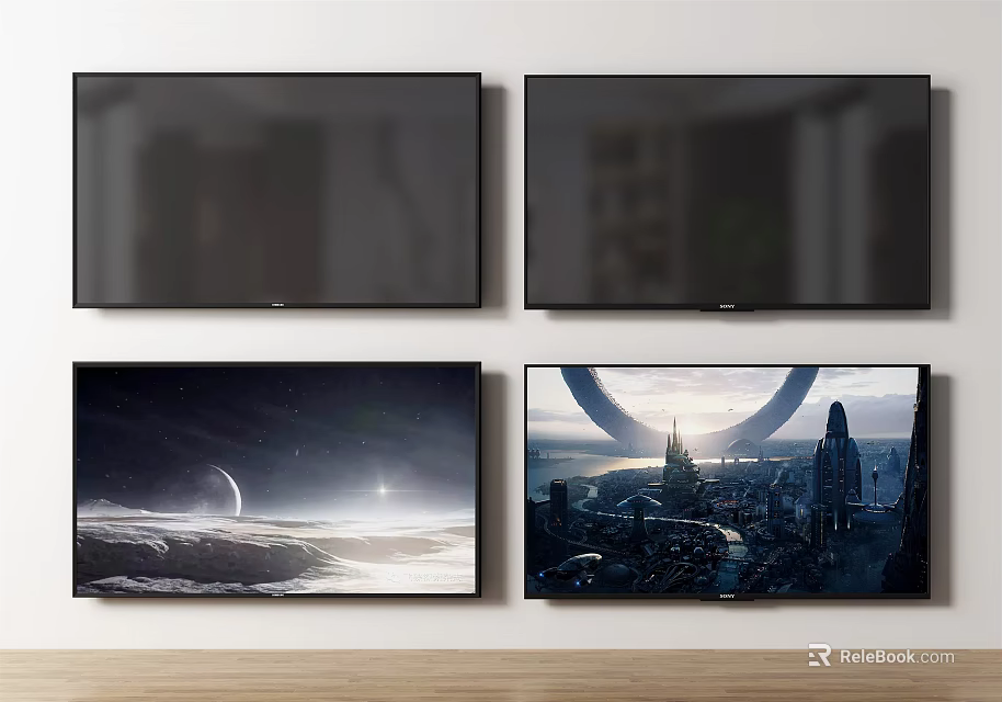 Four Wall Mounted TVs Displaying Various Scenic And Urban Screen Contents 3d model 