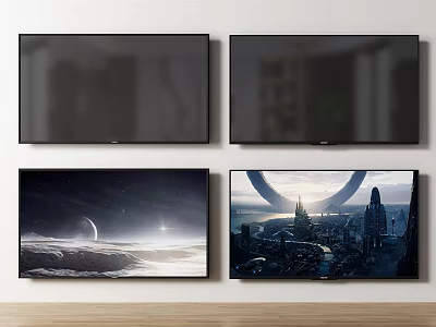 Four Wall Mounted TVs Displaying Various Scenic And Urban Screen Contents 3d model