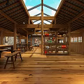 Traditional Rustic Interior Space With Wooden Roof Skylights Stone Walls And Display Counter
