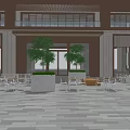 Commercial Street Outdoor Seating Area With Wooden Benches Green Plants And Stone Paved Floor