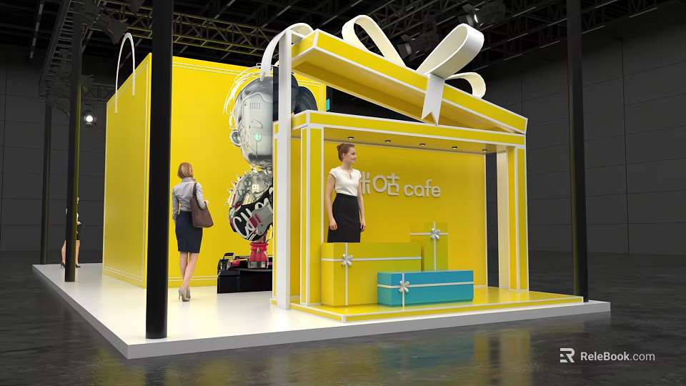 Yellow Gift Box Shaped Otf Cafe Booth With People And Gift Boxes 3d model
