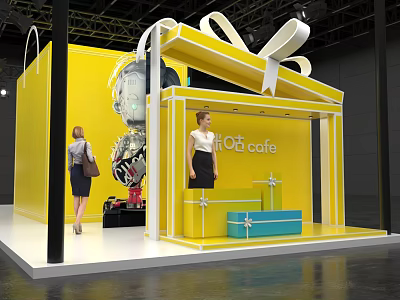 Yellow Gift Box Shaped Otf Cafe Booth With People And Gift Boxes 3d model