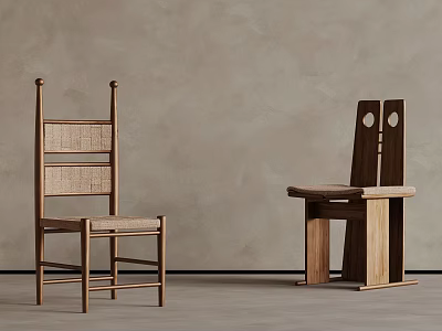 Two Wooden Chairs With Woven Back And Simple Structure Against Gray Wall 3d model