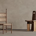 Two Wooden Chairs With Woven Back And Simple Structure Against Gray Wall